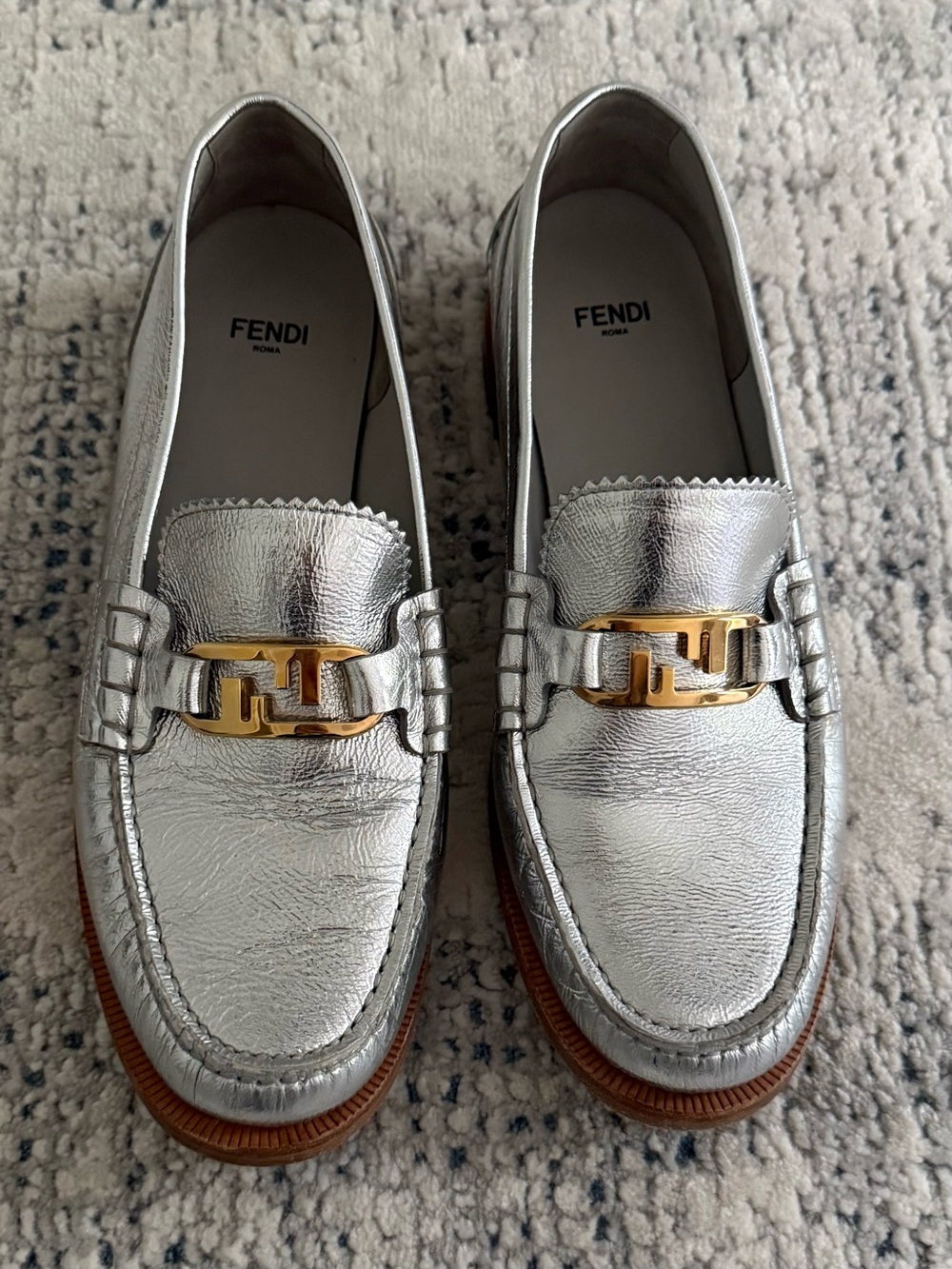Fendi Metallic Silver Leather Loafers with Gold Buckle